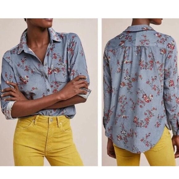 Anthropologie Building 18 Womens Size 14 Floral Corduroy Button Up Shirt Top - Picture 1 of 9